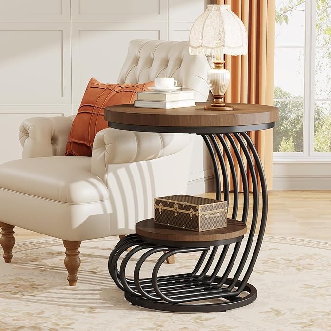 Tribesigns Round End Side Table: 2 Tiers Side Table Set of 2, Vintage End Table for Living Room, Small Bedside Table Accent Table with Arc-Shaped Frame, Light Brown