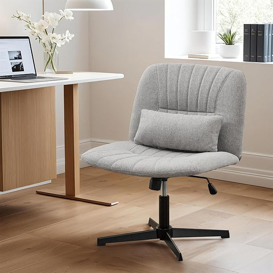 URRED Criss Cross Office Chair, Armless Cross-Legged Desk Chair with Fixed Legs, Height Adjustable Wide Seat Task Vanity Chair for Home Office or Bedroom (Grey)