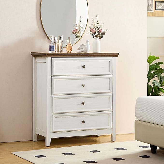 BLANKSPACE Dresser for Bedroom, 4 Drawer Dresser, Modern 4 Chest of Drawers, Farmhouse Storage Cabinet with 4 Drawers for Home Office, Dining Room, Antique White