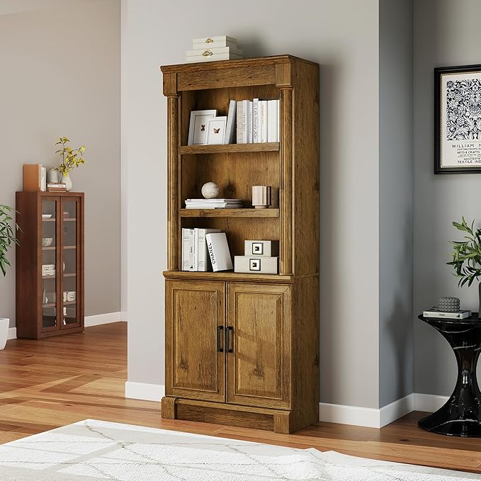 72" Roman Column Bookcase with Double Door Cabinet, 5 Tiers Tall Bookshelf Shelves Storage Anti Tip Kit, Classic American European Modern Multi Style Design for Living Room Study Office, Vintage Oak