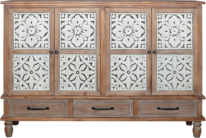 Accent Cabinet with 4 Doors & 3 Drawers, Hollow Carved Storage Sideboard, Wood Buffet Cabinet for Living Room, Dining Room, Entryway (4-Door + 3 Drawers)