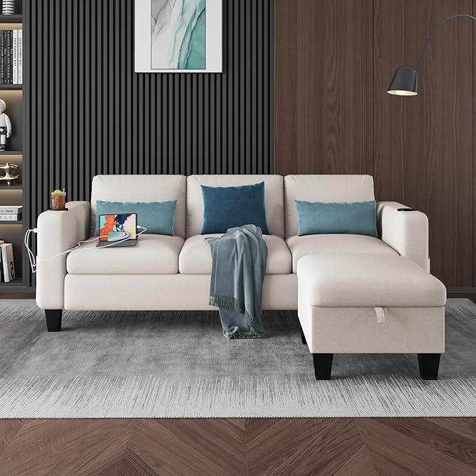 Youmumeub Couches for Living Room-Convertible Sectional Sofa, L-Shape Linen Fabric Sofa Couch with Storage Ottoman, Suit 3-Seats Sofa for Small Living Room and Apartment-Beige(USB+2 Cup Holder)