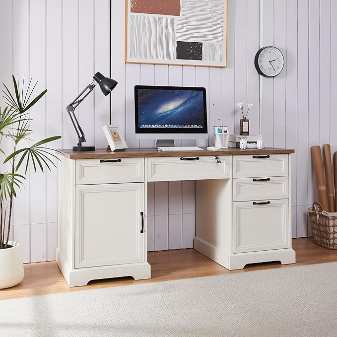 60" Farmhouse Executive Desk with Lock,Home Office Desk with Charging Station,Executive Desk with 4 Drawers & 1 Cabinet&1 File Cabinet for Office and Home