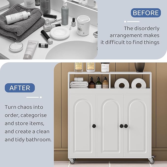 Bathroom Storage Cart with Doors,3-Door Cabinet & Divided Open Shelf,Rolling Organizer Cart for Bathroom, Toilet,White (1)