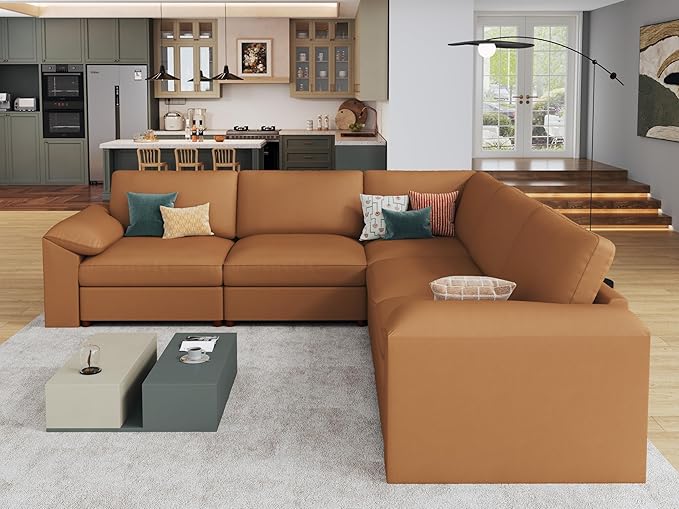 EASE MOOSE Oversized Corner Modular Sectional Sofa, Faux Leather Sectional Sofa with Deep Seat, Scratch Resistant Faux Leather Material, Extra Large L Shaped Couch, Brown