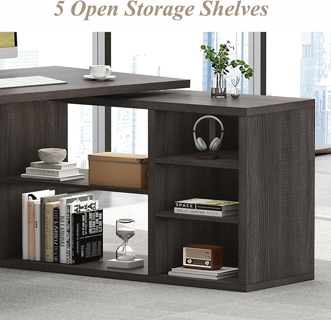 HSH L Shaped Computer Desk, Rustic Wood Corner Desk, Industrial Writing Workstation Table with Cabinet Drawer Storage for Home Office Study, Grey 55 inch