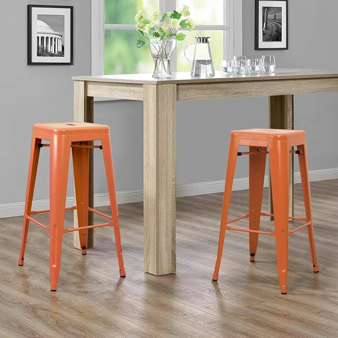 Furniwell 30 Inches Metal Bar Stools High Backless Tolix Indoor-Outdoor Stackable Barstool with Square Counter Seat Set of 4 (Orange)