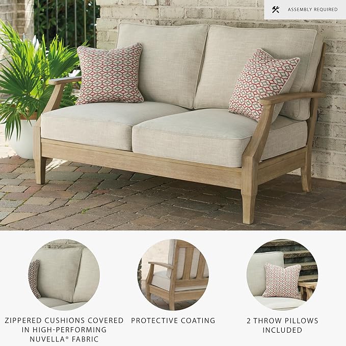 Signature Design by Ashley Clare View Coastal Outdoor Loveseat, Cushioned with Nuvella Fabric, Protective Finish, Eucalyptus Wood, 55.5" W x 35" D x 32" H, Beige