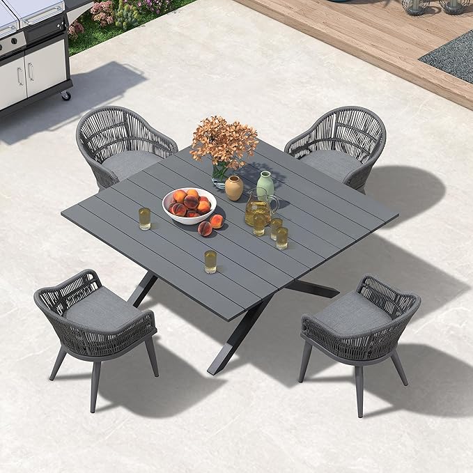 PURPLE LEAF 5 Pieces Oversized Square Patio Dining Set with Outdoor Aluminium Dining Table and Woven Chairs Modern Metal Furniture Cushions Sets for Garden Yard Indoor Decor Kitchen Gray