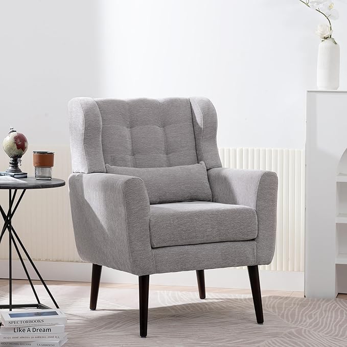 Accent Chair, Comfy Upholstered Living Room Chairs with High Tufted Backrest and Pillow, Wingback Reading Chair with Solid Wood Legs for Bedroom/Office, Chenille Fabric, Grey