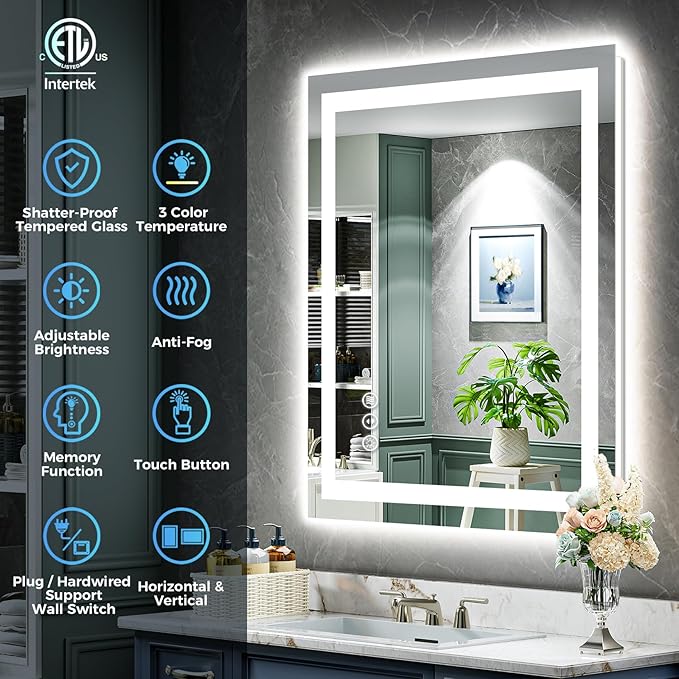 28x32 Inch LED Bathroom Mirror with Lights Front and Backlit Lighted Vanity Mirror for Bathroom Wall with 3 Colors Dimmable Anti-Fog Memory Shatter-Proof IP54 Waterproof Horizontal/Vertical
