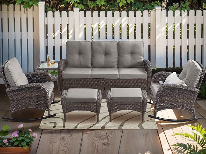 HUMMUH 6-Piece Outdoor Patio Furniture PE Wicker Patio Conversation Set,High Back Patio Couch with Ottomans Outdoor Rocking Chairs for Backyard,Porch,Deck