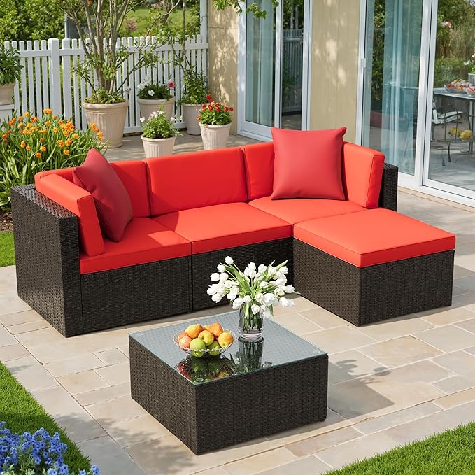 JUMMICO 5 Pieces Patio Furniture Set, Outdoor Sectional Sofa Conversation Sets, Couch Rattan Chair Wicker with Ottoman Cushion, Glass Tea Table and Pillows for Backyard Porch Garden Pool Balcony, Red