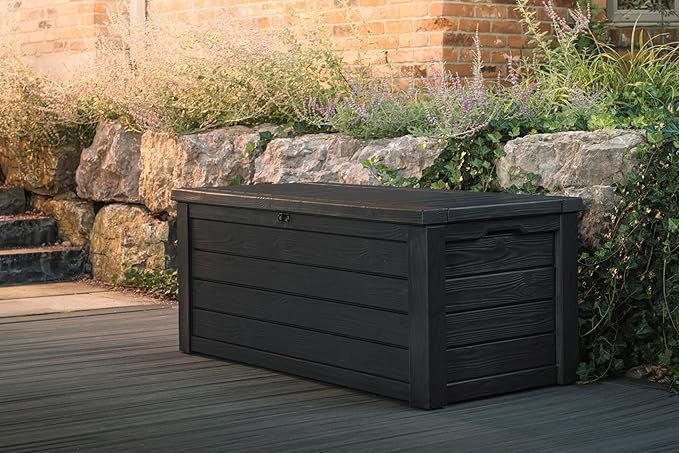 Keter Westwood 150 Gallon Resin Large Outdoor Storage Box for Patio Furniture, Outdoor Cushions, Garden Tools and Pool Floats, Dark Grey