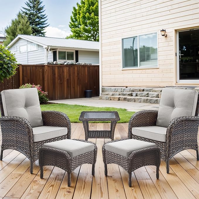 HUMMUH 5 Pieces Patio Furniture Set Wicker Outdoor Bistro Chairs with Ottomans Glass Top Side Table,Outdoor Conversation Set for Porch Deck Backyard Poolside