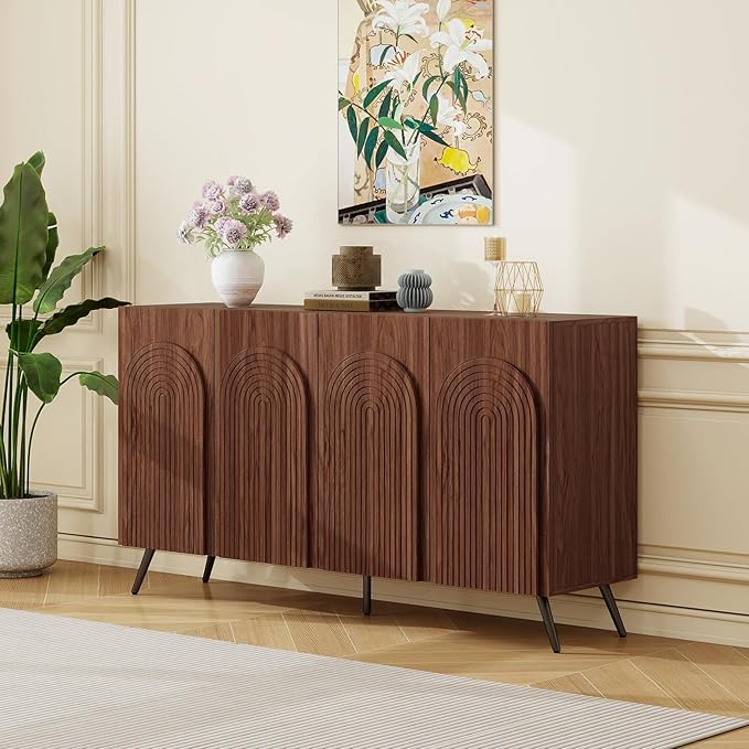 59" Sideboard Buffet Cabinet with Adjustable Shelves, Modern Storage Cabinet with Arched 3D Carved Wood Doors, Credenza Accent Cabinet for Living Room, Dining Room, Entryway,Walnut