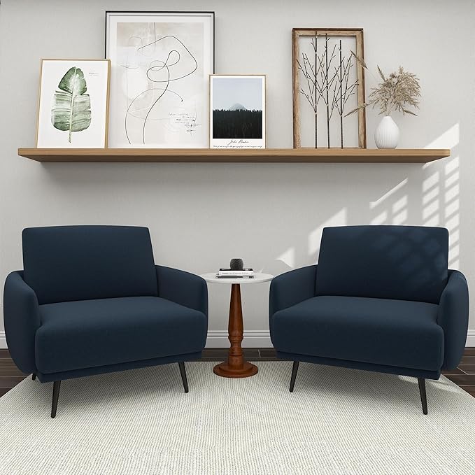 Oversized Accent Chair for Living Room Chairs Reading Arm Chair Comfy Modern Single Sofa Side Chairs with Metal Legs & Soft Cushion for Bedroom, Waiting Room (Velvet Navy Blue, Set of 2)