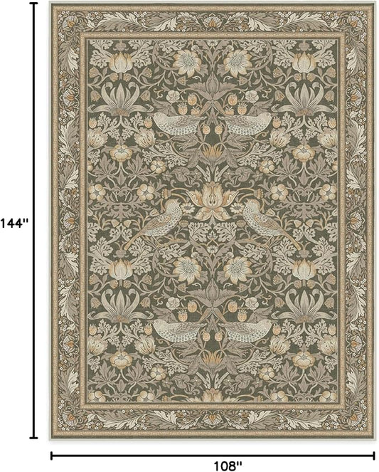 RUGGABLE x Morris & Co Washable Area Rug–Strawberry Thief Stone Gold 9x12, Stain-Resistant, Non-Slip–Large Machine Washable Rugs for Living Room, Bedroom, Hallway, Entryway & Office–with Standard Pad