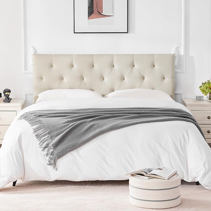 Linen Upholstered Headboard Twin Size, Diamond Tufting Solid Wood Twin XL Headboard Only, Adjustable Height from 37” to 51” Head Board, Dorm Bed Frame or Wall Mount Headboards, Beige