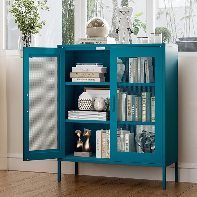 40"H Blue Bathroom Storage Cabinet,Navy Blue Storage Cabinets,Metal Bathroom Floor Cabinet with 2 Adjustable Shelves&2 Doors,Small Blue Locker Cabinets with Adjustable Shelves & Doors for Hallway,
