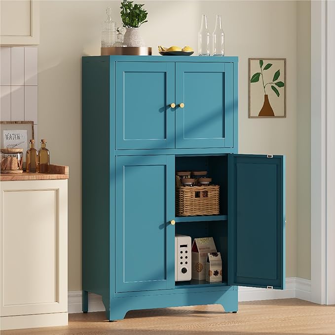 Bathroom Floor Storage Cabinet, Freestanding Accent Cabinets with 4 Doors and 2 Adjustable Shelves,Blue Metal Locker Cabinets for Restroom, Kitchen,Living Room,Hallway