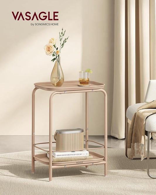 VASAGLE 2-Tier Outdoor Table, Small Side End Table with Tray Storage, Bedside Nightstand for Living Room, Bedroom, Modern Style, Camel Brown ULET243K01