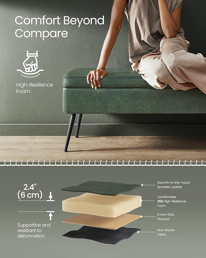 VASAGLE EKHO Collection - Storage Ottoman Bench, Entryway Bedroom Bench, 15 Gallons, Synthetic Leather with Stitching, Mid-Century Modern, Safety Hinges, Loads 660 lb, Forest Green ULOM074C01
