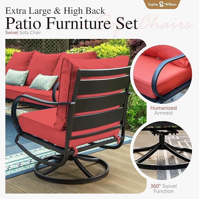 Sophia & William Patio Furniture Sets for 7 Outdoor Conversation Set 6 Pcs with 4 x Armrest Cushioned Sofa Chairs, 1 x 3-Seat Sofa, 1 Marbling Metal Coffee Table Garden Backyard Poolside Red