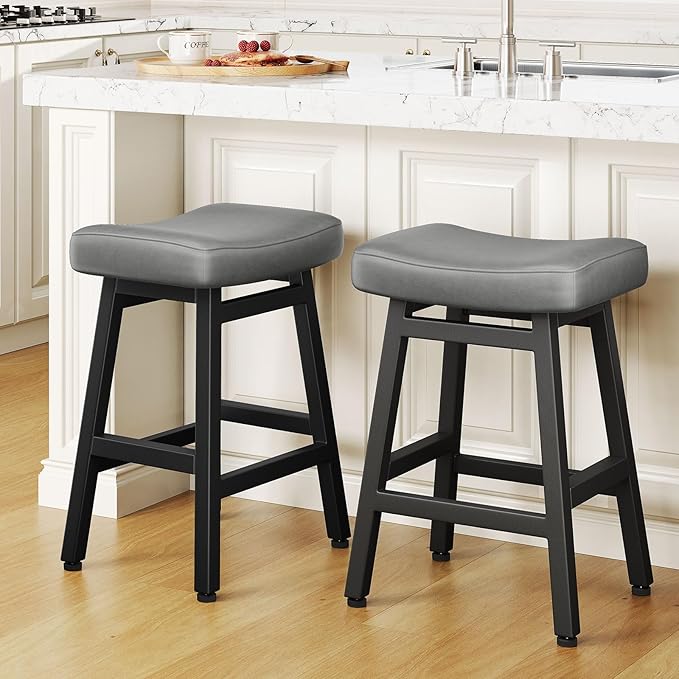 Counter Height Bar Stools Set of 2, 24 Inch Barstools for Kitchen Counter, Kitchen Stools with Bonded Leather Saddle Seats & Heavy Duty Metal Legs, Easy Assembly, Gray/Black
