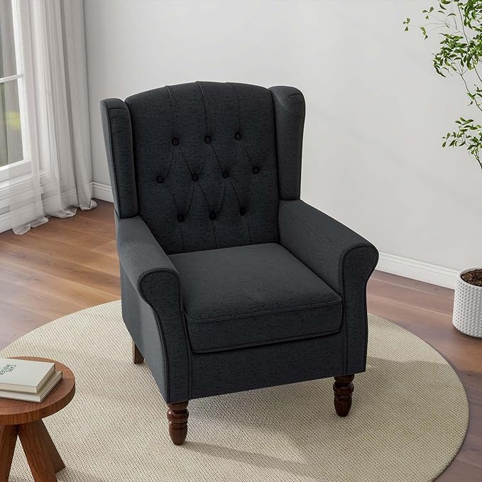 Accent Chair, Upholstered Armchair with Button Tufted High Back & Solid Wood Legs, Comfy Wingback Reading Single Sofa Chair for Small Spaces, Living Room, Bedroom (Blue, Set of 2)