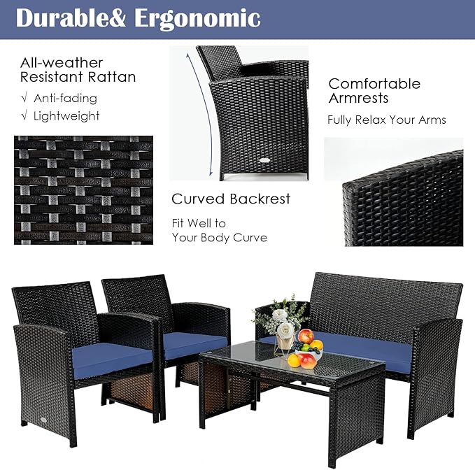 COSTWAY Patio Furniture Set 4 Pieces, Outdoor Wicker Chairs Sofa w/Coffee Table and Soft Cushions, Rattan Conversation Sets for Patio Lawn Backyard Yard Pool Garden, Navy