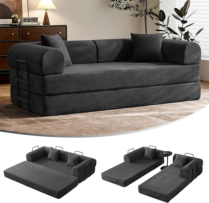 79" Convertible Sofa Bed with Fixed-Shape Frame & Removable Armrests, Modular Corduroy Sleeper Sofa, Folding Mattress Couch for Small Spaces - No Assembly Needed in Black (Includes 2 Pillows)