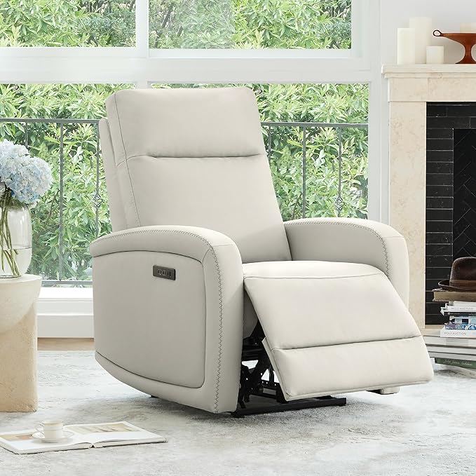 Watson & Whitely Power Recliner Chairs for Adults, Zero Wall Recliners W Power Headrest Type-C Charger, Small Faux Leather RV Recliners Home Theater Seating for Living Room, Cream
