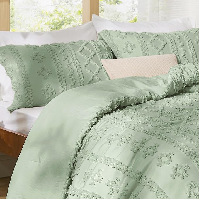 Bedsure Tufted Boho Comforter Set Twin Size - Sage Green Boho Bed Set, GentleSoft™ 2 Pieces Farmhouse Shabby Chic Embroidery Bedding, Gifts for Woman, Soft Jacquard Twin Comforter for All Seasons