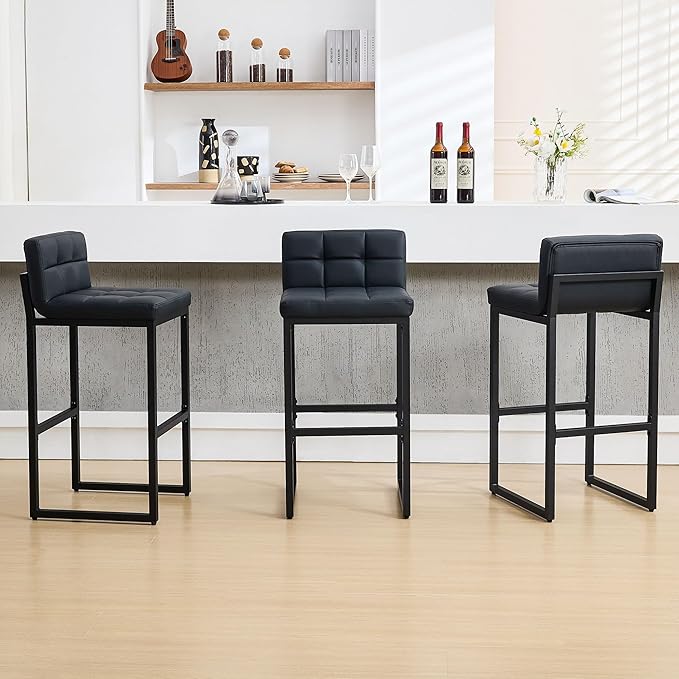 Bar Stools Set of 3, PU Leather Bar Height Barstools, 30" High Top Bar Stools with Back and Thickened Metal Legs, Upholstered Island Chairs for Kitchen Island (Black, 3Pcs 30" Bar Stools)