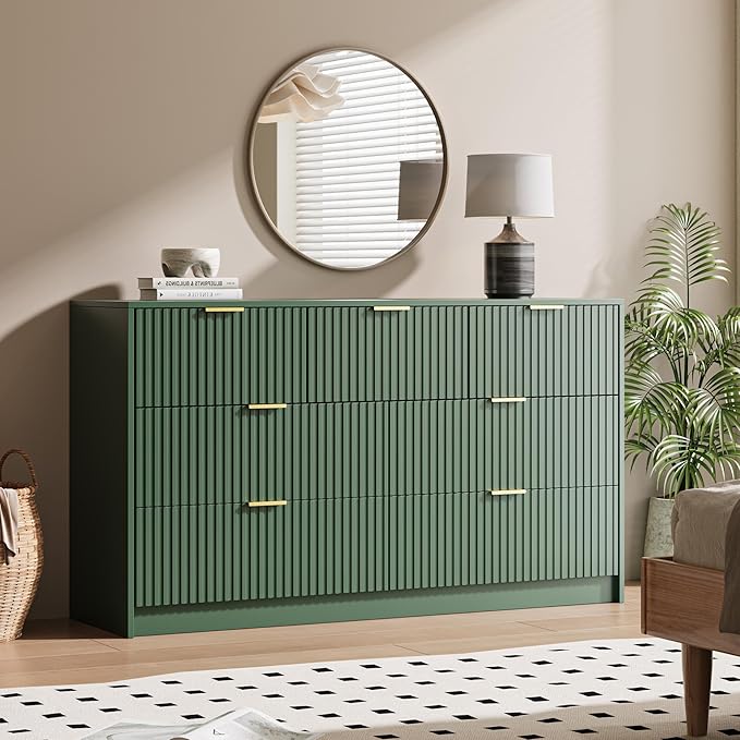 Green 7 Drawer Dresser for Bedroom, Modern Fluted Dresser with Gold Metal Handles, Wide Chest of Drawers for Bedroom, Living Room, Entryway, Hallway, 55.9" L x 15.7" D x 31.4" H