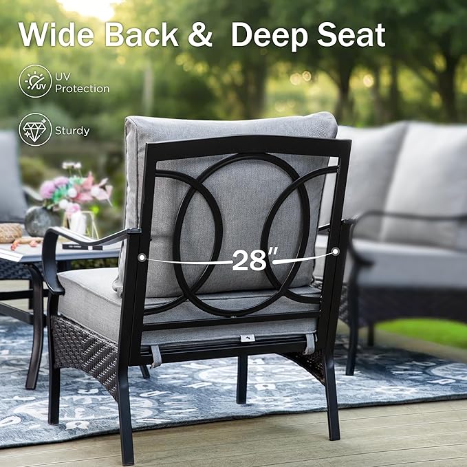 PHI VILLA Patio Furniture Set with 56" Fire Pit Table, Premium Outdoor Wicker Metal Frame Furniture with Upgraded Waterproof Thick Cushions for Porch, Poolside, Deck, and Yard (5 Pieces, Grey
