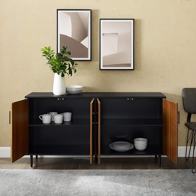 Walker Edison Caye Modern 4-Door Bookmatch Buffet-Sideboard for Storage, 58 Inch, Acorn Bookmatch/Black