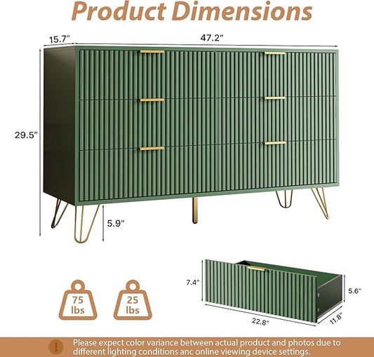 Green Dresser for Bedroom, Modern Dresser with Gold Metal Handles & Chests of Drawers, Wood Chest of Drawers for Bedroom