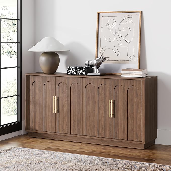 Sideboard Buffet Cabinet with Storage, Mid Century Modern Accent Cabinet with Arched Doors, Modular Media Console, Minimalist Credenza for Living Room Kitchen Dining Room Entryway, Walnut