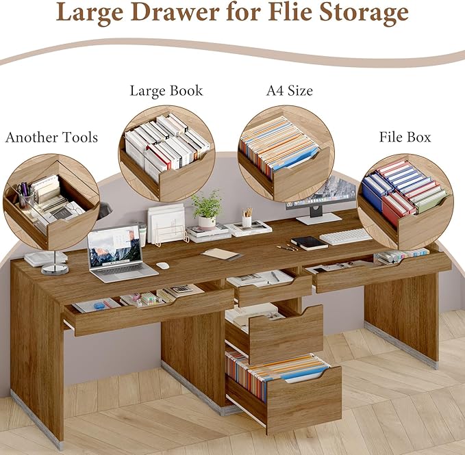 Two Person Desk with 5 Drawers, Double Desk with Storage for 2 People, 78 Inch Extra Long Computer Desk Workstation with File Drawer for Home Office, Brown