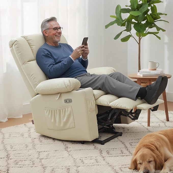 MCombo Dual Motor Power Lift Recliner Chair for Elderly, Lay Flat Lift Chair with Heat and Massage, Cup Holders, USB Ports, Faux Leather 7890 (Cream White, Medium)