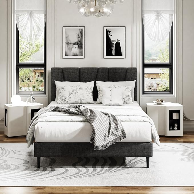 Full Size Platform Bed Frame with Modern Upholstered Headboard, Wooden Slats Support, Noise Free, No Box Spring Needed, Easy Assembly, Dark Grey, Linen