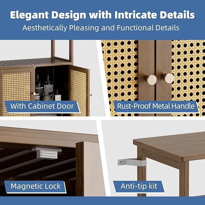 HITNET Rattan Bathroom Floor Cabinet, Freestanding Bamboo Storage Cupboard with 2 Doors, Living Room Sideboard, Space Saving, Walnut