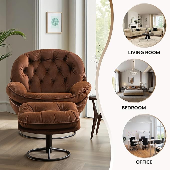 Set of 2 360° Swivel Modern Velvet Accent Chair with Ottoman | Mid-Century Button Tufted Lounge Chair for Living Room & Bedroom, Brown