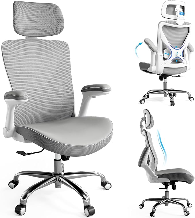Ergonomic Office Chair-Computer X-Shaped Chair Mesh PU Leather with Adjustable Lumbar Support-Executive Desk Chair High Back with Headrest Flip-Up Arms for Long Hours (White-Grey)