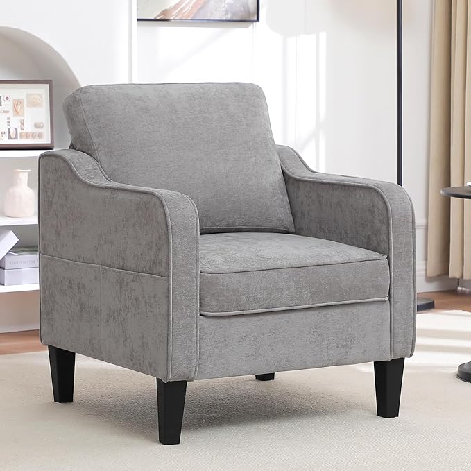 Accent Chair for Living Room, Mid Century Modern Reading Chair for Bedroom, Upholstered Armchair with Side Pockets, Comfy Single Sofa Side Chair for Office, Apartment, Small Room, Light Grey