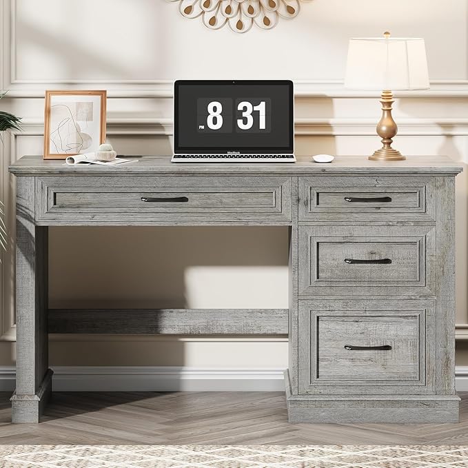 Farmhouse 47" Executive Desk, Computer Desk with Drawers and File Drawer, Workstation Computer Desk with Charging Station for Home Office,Study,(Grey)