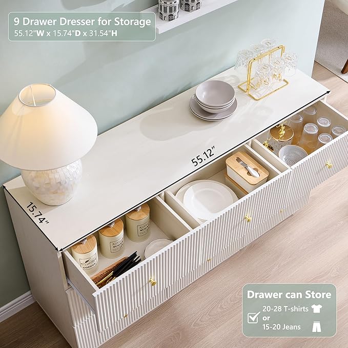 Fluted Dresser for bedroom, 55"W White 9 Drawer Dressers, Wood Tall Dresser Storage Organizer, Modern Bedroom Chest of Drawers with Deep Storage for Closet Hallway, Entryway, Living Room White