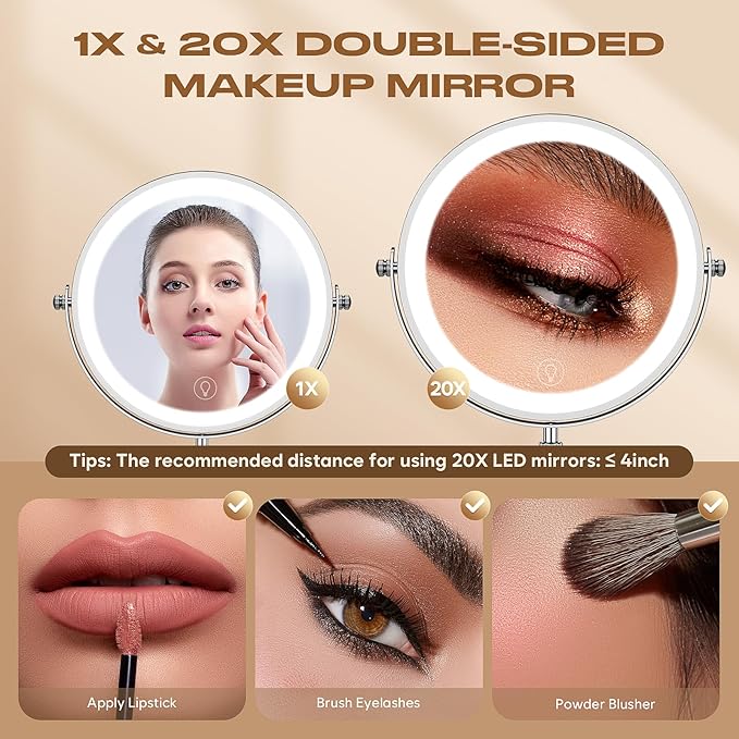 Makeup Mirror with Lights, 1x/20x 360ยฐ Rotation Vanity Mirror, Brightness Adjustable Lighted Makeup Mirror with Magnification, 5000 mAh Rechargeable Double Sided Mirror with 3 Colors, Gift for Women
